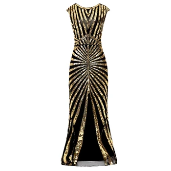 

New Women Mesh Glitter Geometric Flapper Sequin Beaded Party Maxi Dress Mermaid Vintage 1920s Great Gatsby Dress Art Deco Double