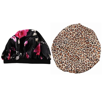 

2 Pcs Wide-Brimmed Printed Double-Layer Waterproof Shower Cap Satin Sleep Hat Hair Cap Hat - Black-Flower & Leopard