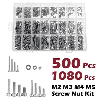 

500/1080Pcs Set M2 M3 M4 M5 Sliver Stainless Steel Screw & Nut Kit Strong Anti-Oxidation Ability with Storage Box