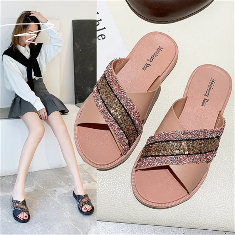 

Bling Shoes Women Slippers Summer Beach Sandals Flats Non-slip Slides Open Toe Sandals Shallow Mouth Multicolor Flip-flops Lady