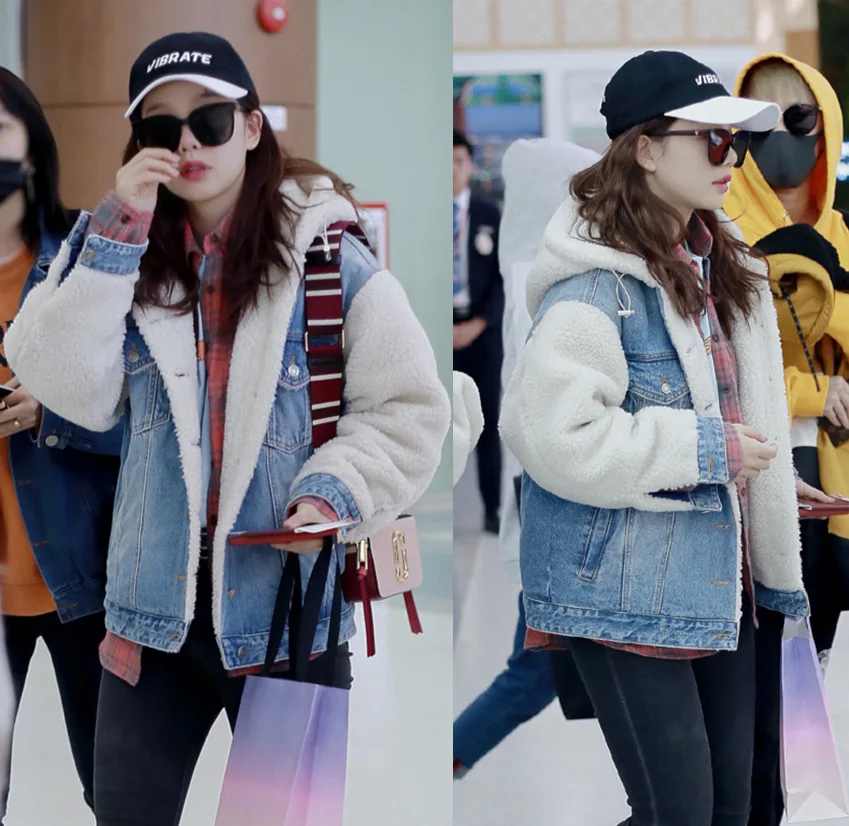 

Shiminnie Star Rocket GIRL'S Xu Mengjie Celebrity Style Lambs Wool Jeans Coat Brushed And Thick Hooded Loose-Fit Short