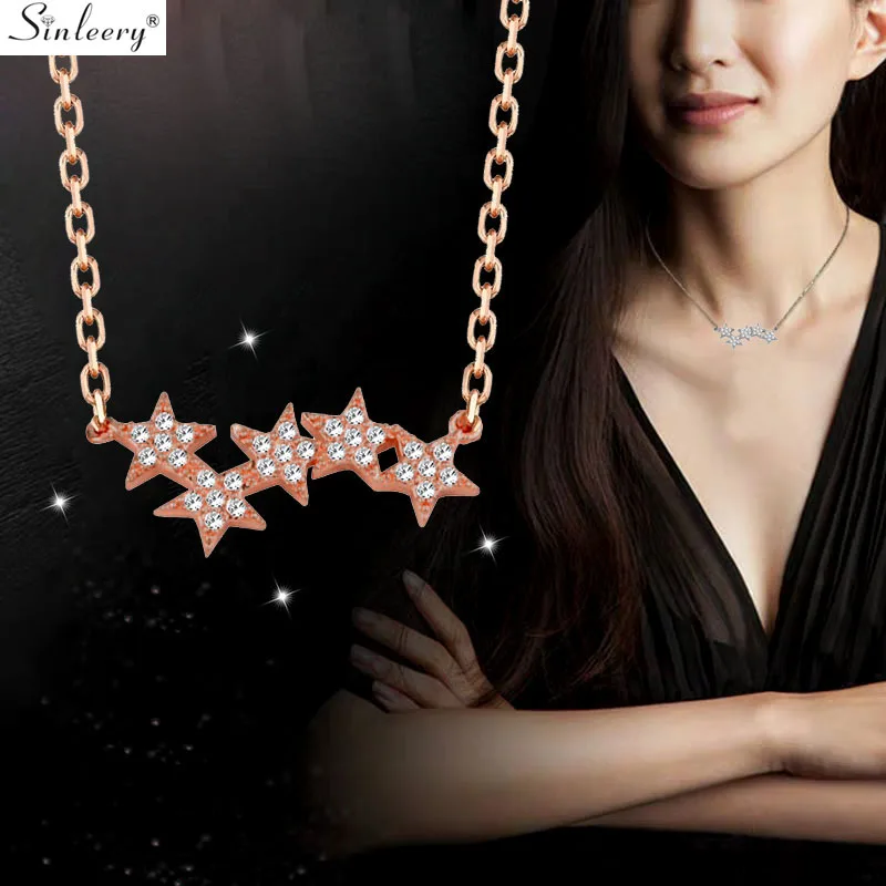 

SINLEERY Shining Five Star Choker Necklace Rose Yellow Gold Silver Color Inlay Tiny Crystal Necklace Women Jewelry XL100 SSC