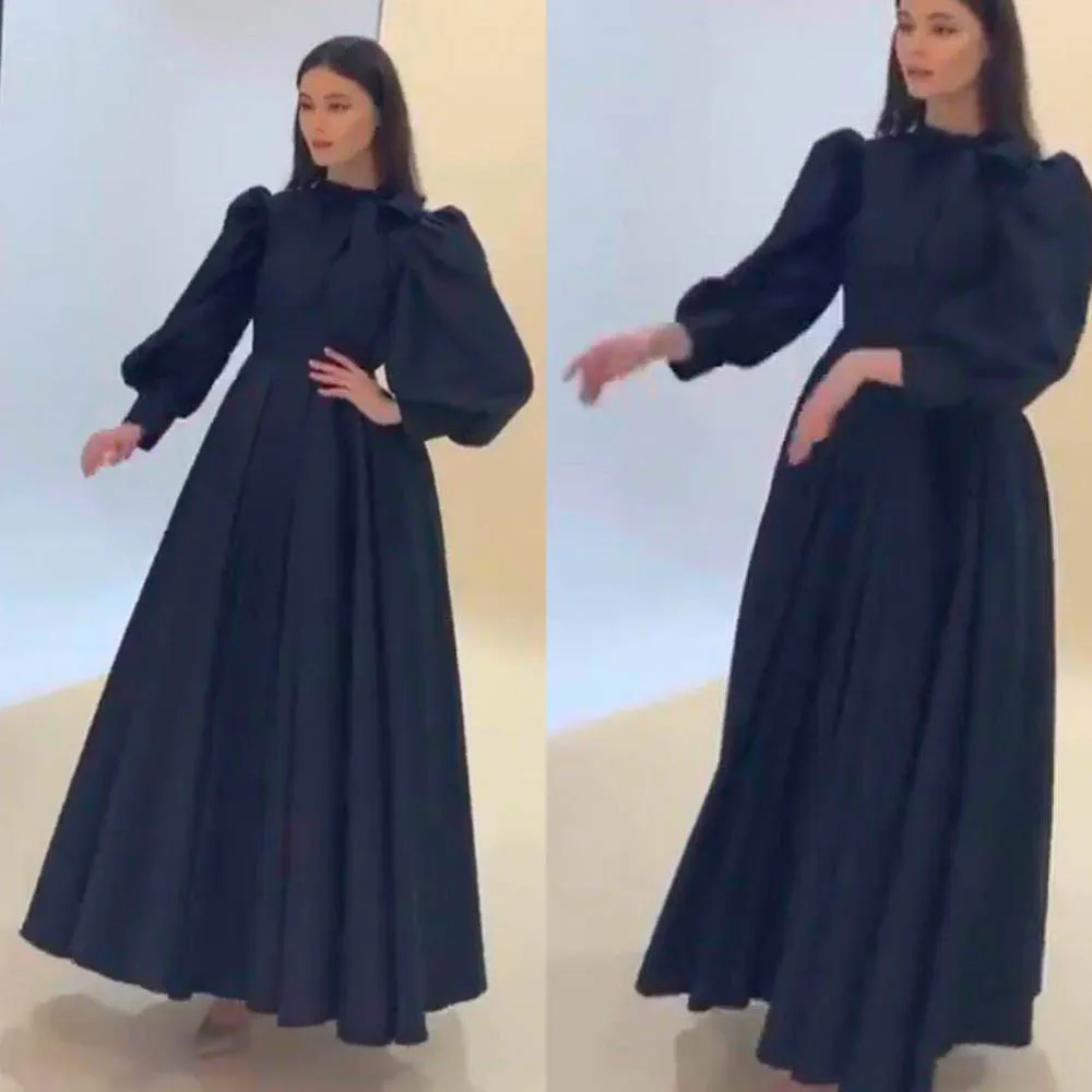 Black Prom Dresses 2020 Lange Mouw Hoge Hals Een Lijn Satin Avondjurken Formele Kleding Black Prom Dresses 2020 Lange Mouw Hoge Hals Een Lijn Satin Avondjurken Formele Kleding