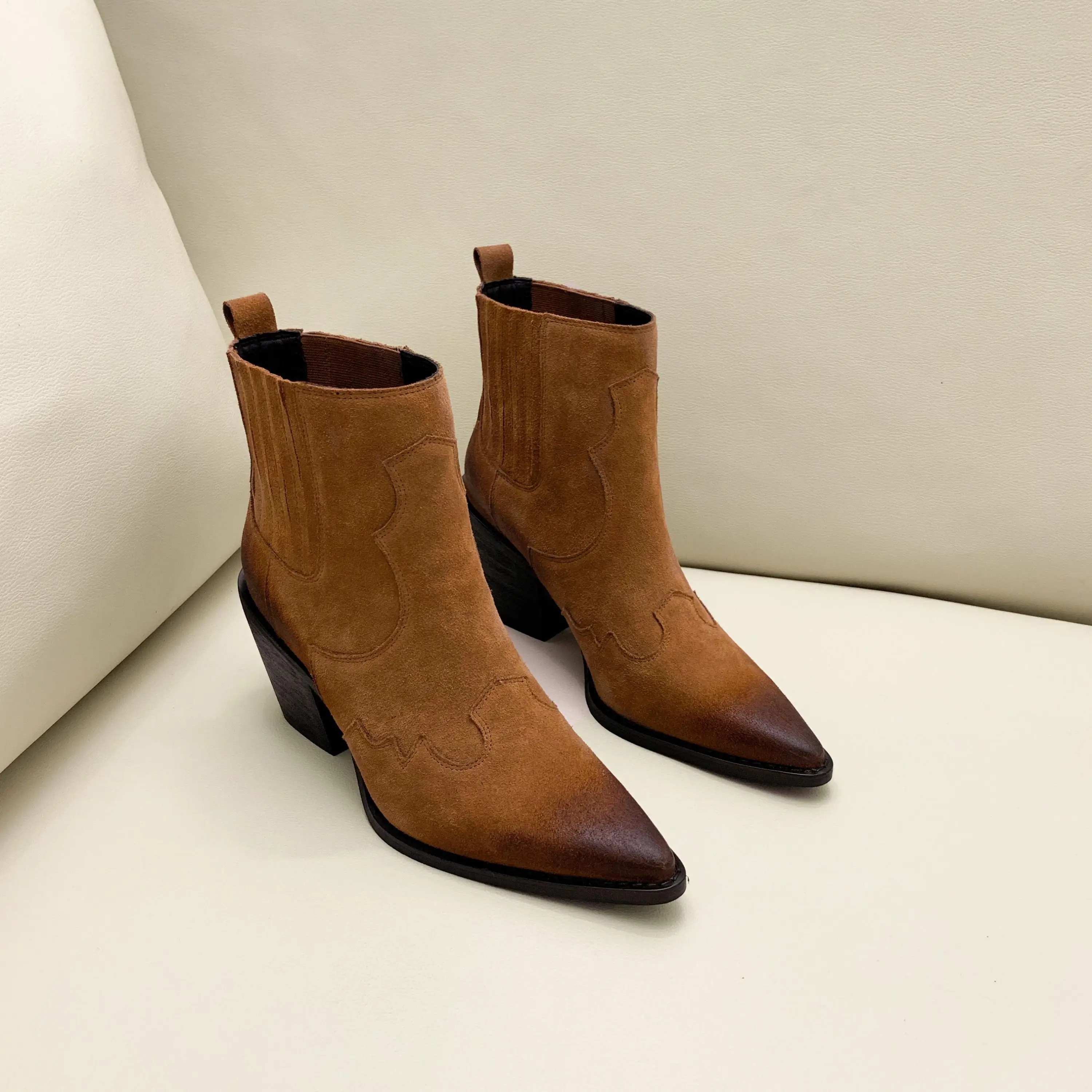 

Leather Boots Women Genuine Pointed Toe Mid Heel Ankle Boots Thick Square Heel Slip On Western Boots Cowboy Boots Women 2019 New