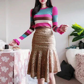 

Fashion Knitted Two Piece Set Autumn Winter Color Striped Rainbow Flare Sleeve Pullovers And Bodycon Fishtail Lace Skirt Set