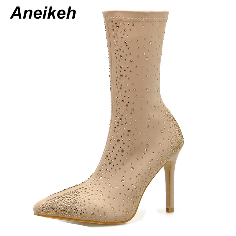 Aneikeh/модные стразы в жокейском стиле; женская обувь на высоком каблуке; острый носок; пикантные с украшениями в виде кристаллов для ночного клуба слипоны, меховая отделка, декоративная пряжка Для женщин - Цвет: apricot