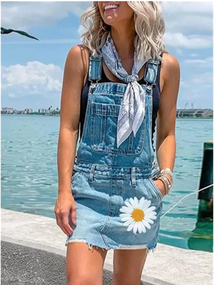 Women Fashion Printing Jumpsuits Women Street Style Condole Belt jeans Shorts Denim Bib Overalls Jumpsuits Size S-5XL