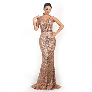 

Sleeveless V-neck Female Mermaid Formal Party Dress Elegant Sequins Trailing Evening Party Gown Sexy Robe De Soiree Vestidos