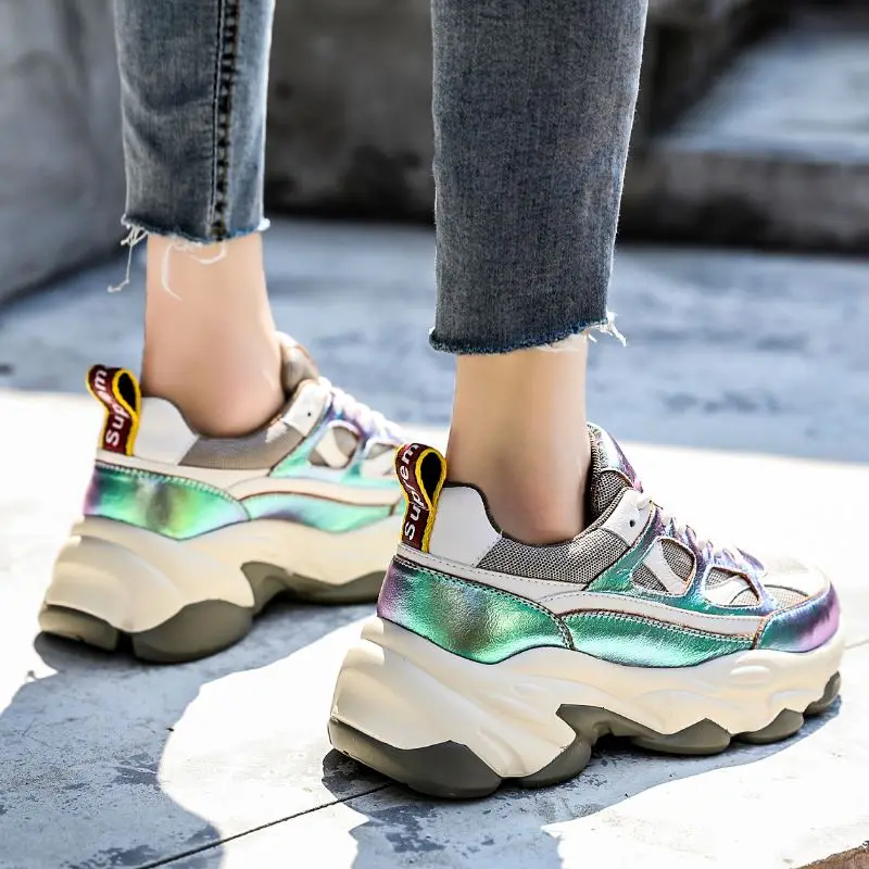 Taoffen Women Snearkers Real Leather Platform Thick Sole Fashion Shoes Women Round Toe Colorful Leisure Sneakers Size 35-39