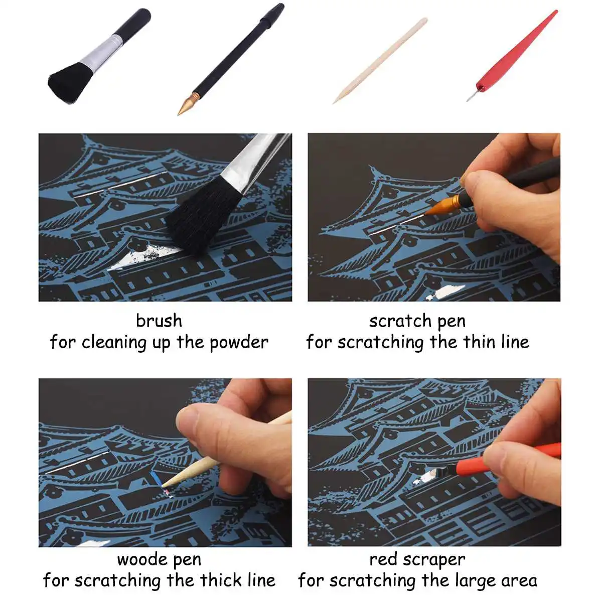5PCS Scratch Art Scraping Painting Tools Pen Scraper Repair Scratch Pen Stick Black Brush DIY Painting Coloring Toy with Pen Bag