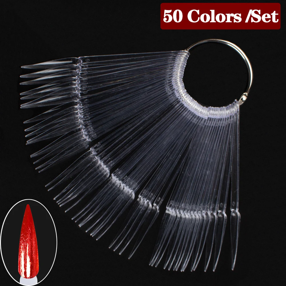 50pcs False Nail Tips Gel Polish Practice Card Display Long Stiletto Sharp Showing Chart Palette Buckle Ring Manicure Tool