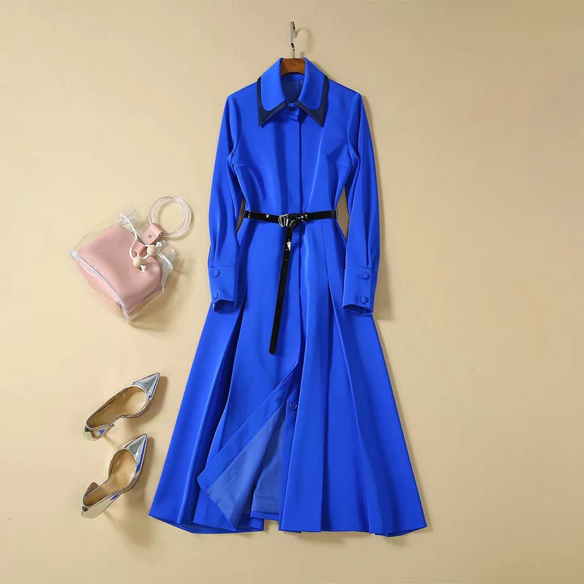 

HIGH QUALITY Newest 2019 Runway Stylish Women's With Belt Color Block Shirt Collar Midi Dress