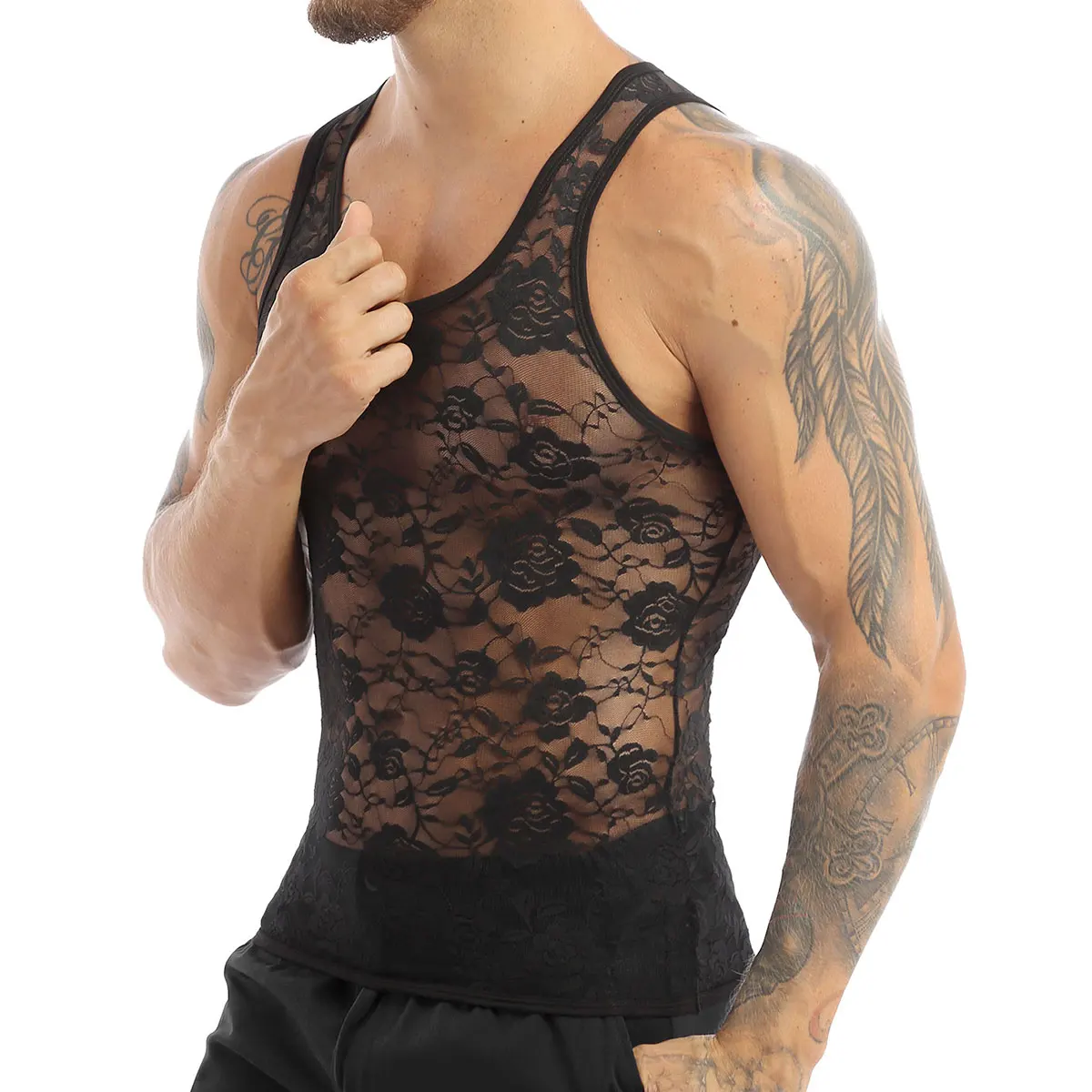 

Mens Sissy Sexy Tank Tops See Through Lingerie U Neck Sleeveless Stretchy Floral Lace Muscle Fitted T-Shirt Undershirt Crop Tops