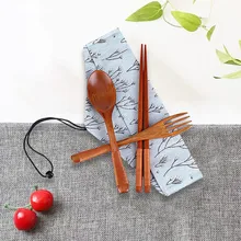 Ecológico japonés Vintage de madera hecho a mano cuchara de madera Natural + tenedor + bolsa de tela mejor regalo cena Mesa decoración G725