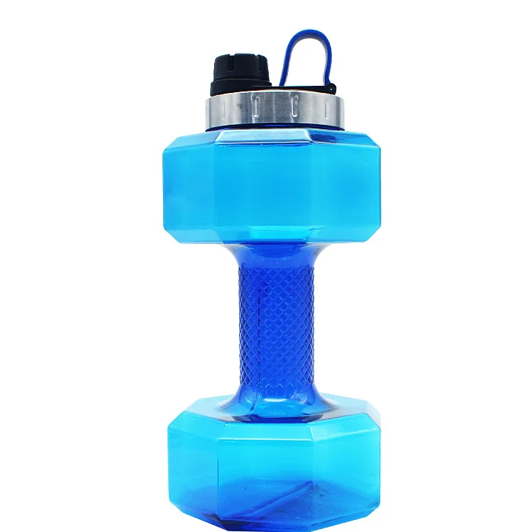 

New Style Creative Plastic Dumbbell Kettle Widened Silica Gel Rope Holding Shake Cup Gym Sports Large Water Bottle 2200ml