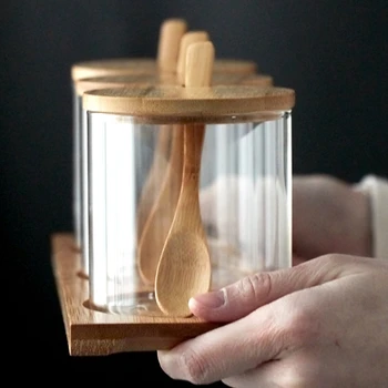 

Sealed Storage Tank Three-Piece Set with Bamboo Lid and Tray with Spoon Kitchen Storage Seasoning Box