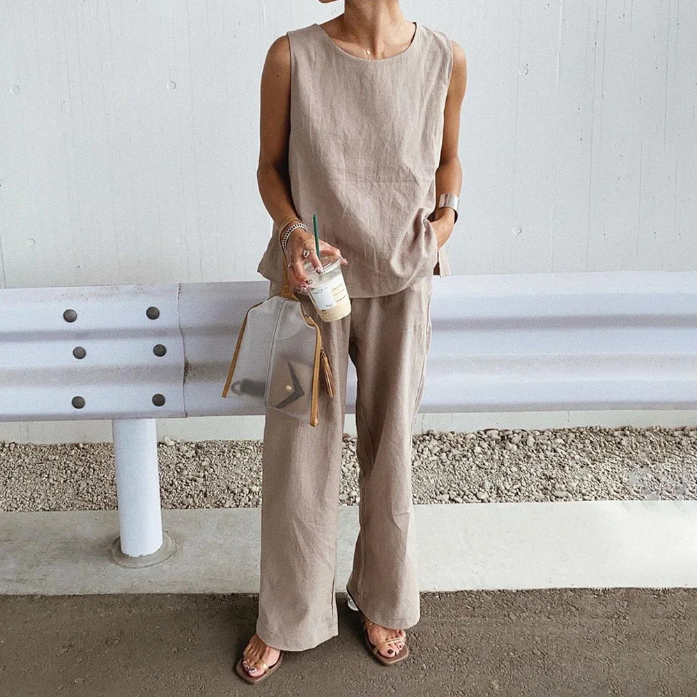 

Two Piece Sets Plain Women Janpanese 2020 Summer Women Sets Suits Sleeveless T-shirts Long Pants Trousers Fashion INS 2 Pieces