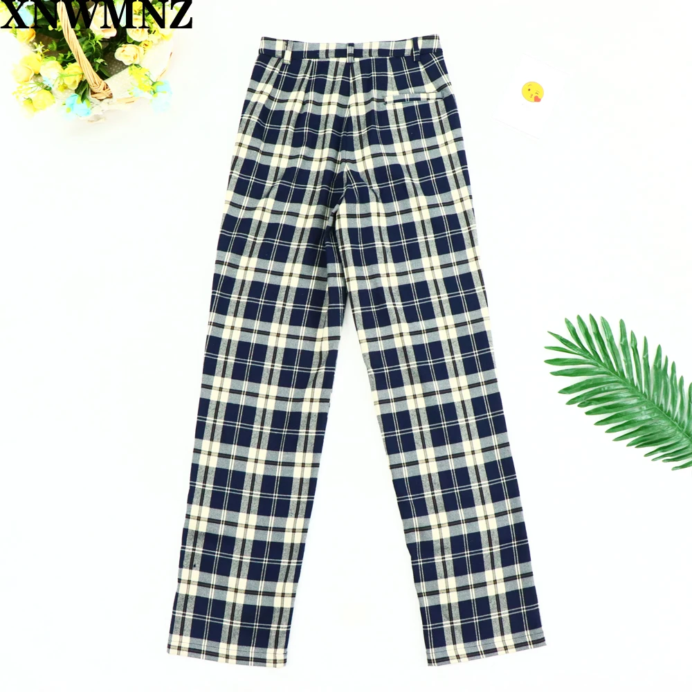 

cotton and linen plaid pants Women Plaid Retro Pockets high Waist Korean Style All-match Womens Long Trousers Straight Leisure