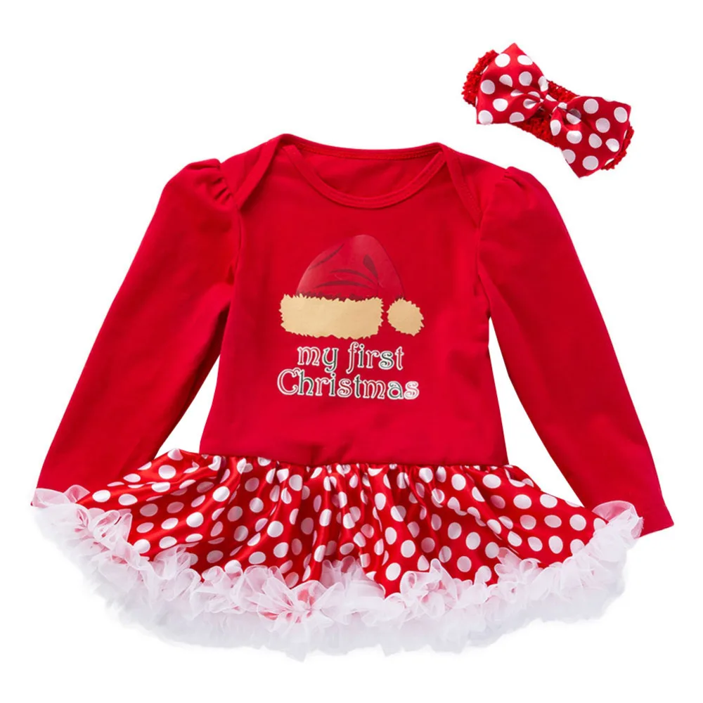 Детская Рождественская одежда; комбинезон для новорожденных девочек; Детская Новогодняя одежда для маленьких детей; платье в горошек+ повязка на голову; комплект из 2 предметов