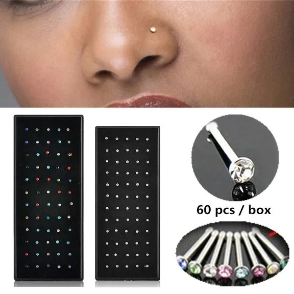 StainlessSteelCrystalLShapeStraightNoseRingBodyPiercingStud