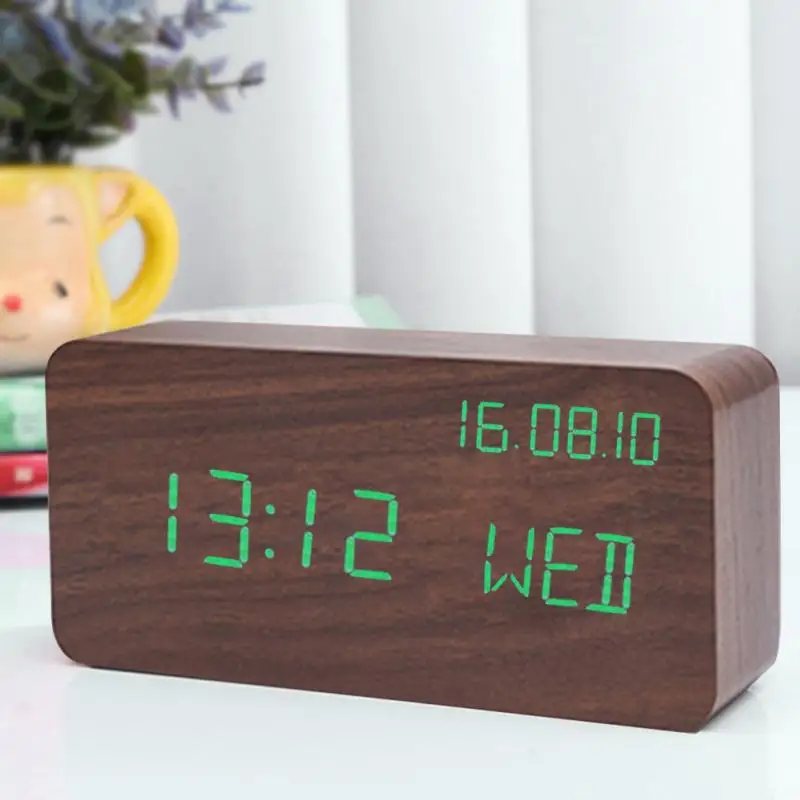 Светодиодный деревянный куб часы Голосовое управление электронные настольные часы светодиодный прикроватный будильник цифровые часы без радио для детей
