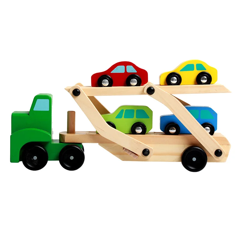 Мультяшный цветной деревянный игрушечный автомобиль двухэтажный зеленый трейлер грузовик с 4 автомобилями горка мини детские развивающие игрушки подарочный набор