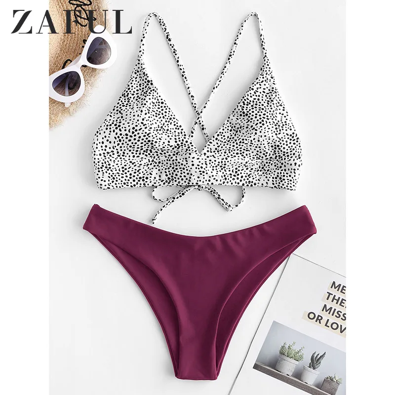 

ZAFUL Dalmatian Dot Crisscross Lace-Up Bikini Swimsuit Spaghetti Straps High Cut Bikini Set Women Sexy Push Up Bathing Suit 2020