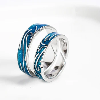 

S925 Sterling Silver Blue Opening Ring Deep Sea Fish Couple Ring Pair Stars Sea Ring Men and Women Ring Fine Jewelry