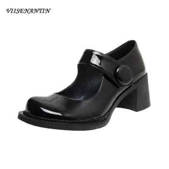 

Retro Round Toe Word with Thick Heel Mary Jane Shoes Female Black Shallow Wild College Style Big Head Single Shoes for Women