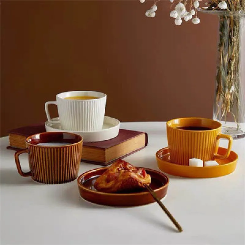 

European Retro Ceramic roman rib Coffee Cup exquisite light luxury elegant three-dimensional milk flower tea juice cup home