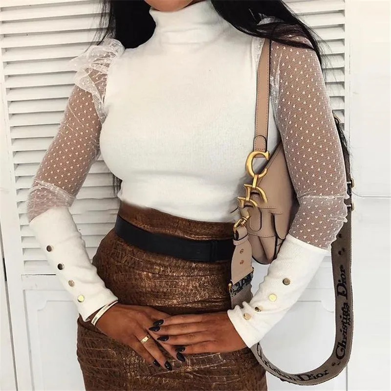 

2020 New Ladies Sweater Elegant Perspective Puffy Long-sleeved Ladies Polka Dot Sweater Ladies Turtleneck Sweater Street Sweater