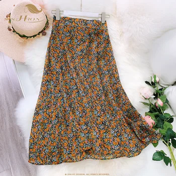 

SISHION 2020 New Women Ladies Summer Skirt WF0109 High Waist A Line Floral Print Retro Vintage Long Midi Chiffon Skirt