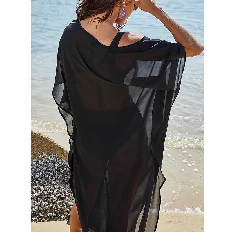 Riseado V-neck Beach Dress Short-sleeved Tunic Cover Up Black Swimwear Women Mesh Beach Cover Up Brazilian Beachwear 2020 Summer