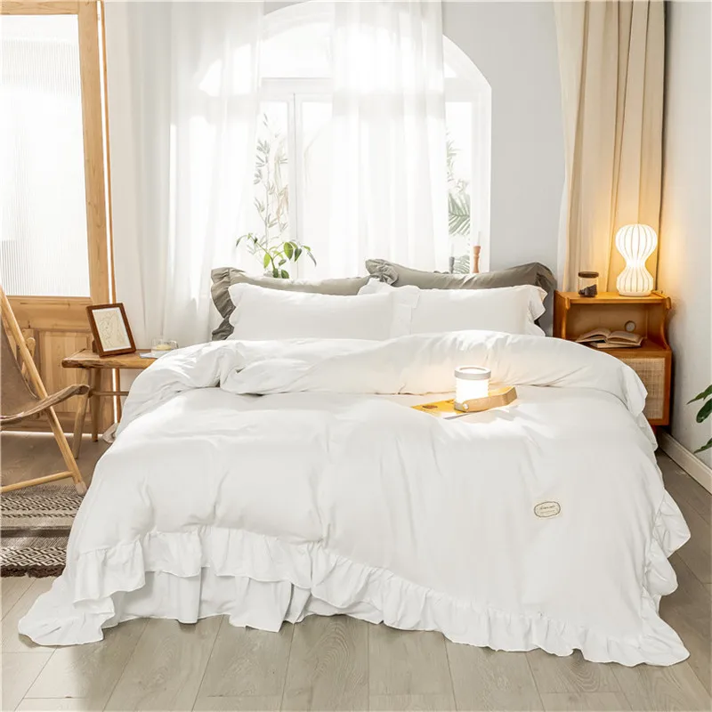 

Solid Color Ruffled White Duvet Cover Bed sheet Pillowcase Queen Twin King Washed Microfiber 3/4Pcs Bedding Sets Soft Breathable