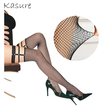 

KASURE Women Sexy Fishnet Thigh Stocking With Leg Harness Garters Set Ladies Black Bondage With Clip Mesh Stocking Dancewear