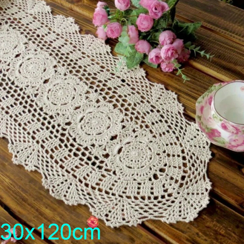 

1pc Vintage Handmade Table Runner Crochet Hollow Lace Cotton Desktop Decor Cover