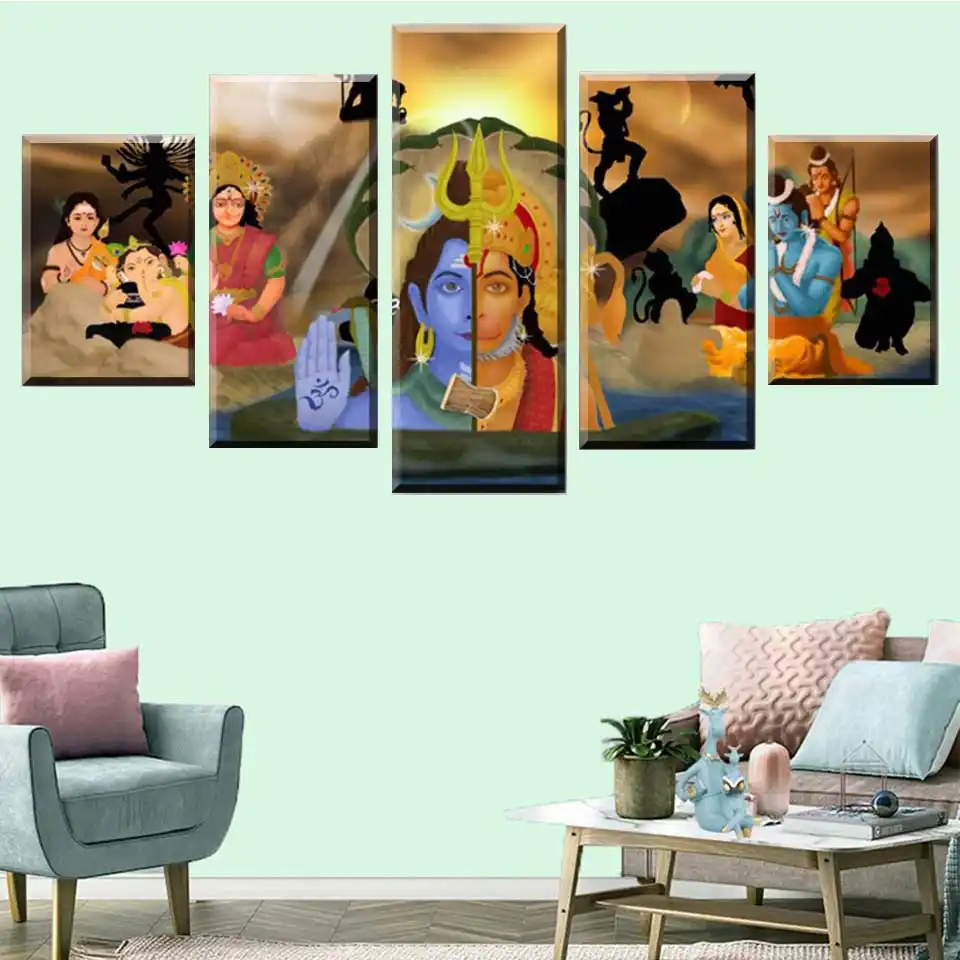 Arte De Pared De Impresion Hd Pintura 5 Piezas Hanuman Y Shiva