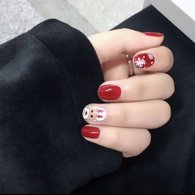 24 шт рождественские накладные ногти искусственные винно-красные накладные ногти для маникюра милые короткие ногти с оленем и снегом с дизайном 218