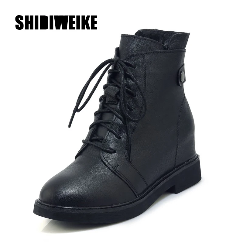 

2019 Winter Boots For Women Lace Up Zip Platform Gothic Shoes Genuine Leather Women height Increasing Round Toe Black J866
