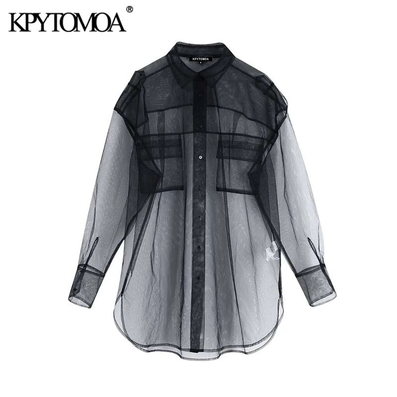 

Vintage Sexy Transparent Oversized Long Style Mesh Blouses Women 2020 Fashion Long Sleeve See Through Female Shirts Chi Tops