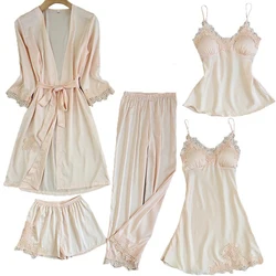 Satin Lace Pajamas Set Women 5PC Strap Top Pants Sleepwear Sleep Suit Spring Autumn Pyjamas Home Wear Nightwear Robe Gown M-XXL