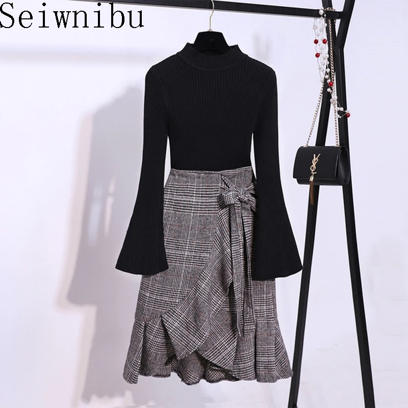 

2019 Spring Solid Flare-sleeved Turtleneck Sweater + High Waist Mermaid Bow Tweed Plaid Skirt Women Casual 2pcs Knitted Suit