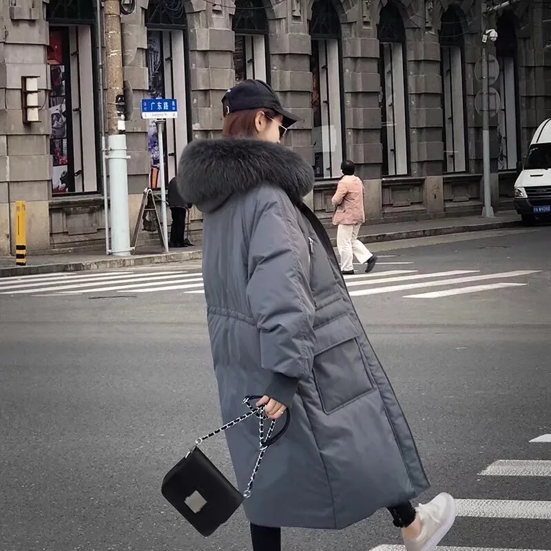 Корейский стиль, модное зимнее пуховое пальто Dongdaemun, большой меховой воротник, белый утиный пух, свободный, длинный пуховик для женщин