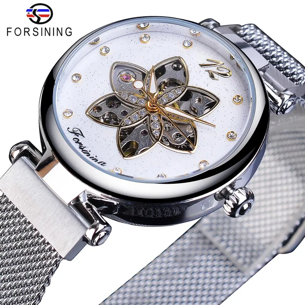Forsining Mechanical Womens Watch Waterproof Automatic Casual Clock Silver Mesh Luminous Hand Slim Diamond Fashion Ladies Watch