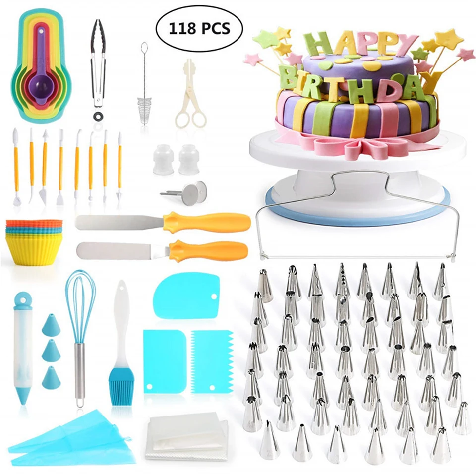

Transhome Cake Decorating Tools Icing Tips 118 Pcs Confectionery Bag Turntable Pastry Nozzles Converter Baking Tools For Cakes
