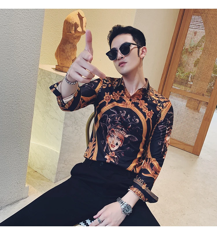 Новая модная мужская рубашка с леопардовым принтом вечерние Клубные Повседневные рубашки для мужчин с длинным рукавом Тонкий барокко Chemise Homme Цветочный Топ