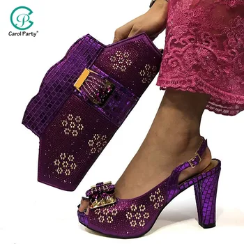 

Newest Fashion Decorated With Rhinestone High Heels Shoes And Bag Fashion Magenta Italian design Sandals And Matching Bag Set