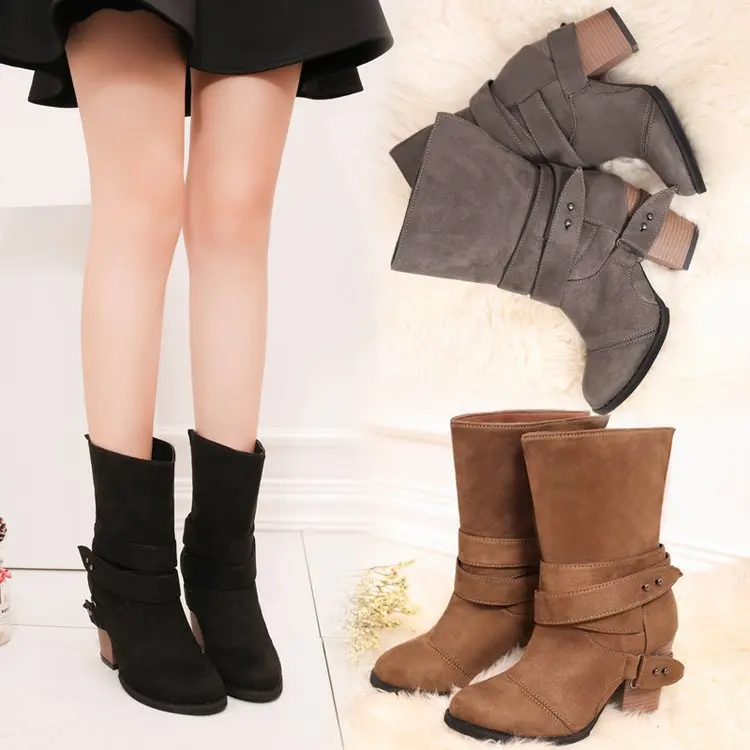 

2018 Autumn And Winter New Style Belt Buckle Large Size round-Toe High Heel Block Heel Short Sleeve Hide Substance Boots Adult