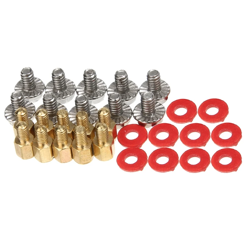Set of 20 Golden Motherboard Risers with Screws, Red Washers, and Gaskets (6.5mm, 6-32-M3) Description Image.This Product Can Be Found With The Tag Names Computer motherboard hardware, Computer motherboard riser screws washers, Red washers screws motherboard, Us pc hardwares