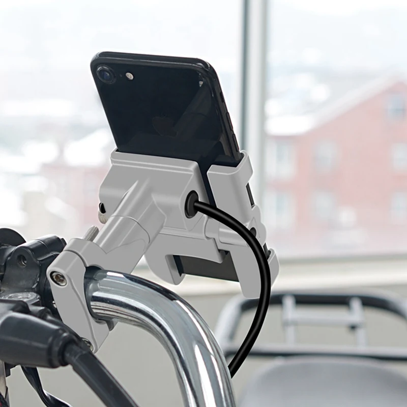 Universial Aluminum QC3.0 Fast Charge Motorcycle Phone Holder Moto Handlebar Bracket Stand For 4-6.2 Inch Phone Black/Silver